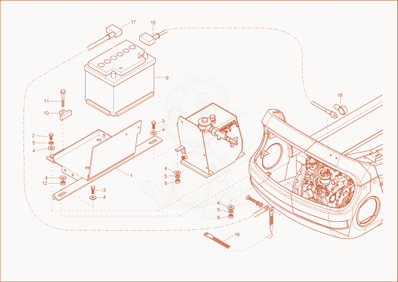 Exploded parts diagram of the battery of a Wacker Neuson 1402RDFORCE, with numbered balloons