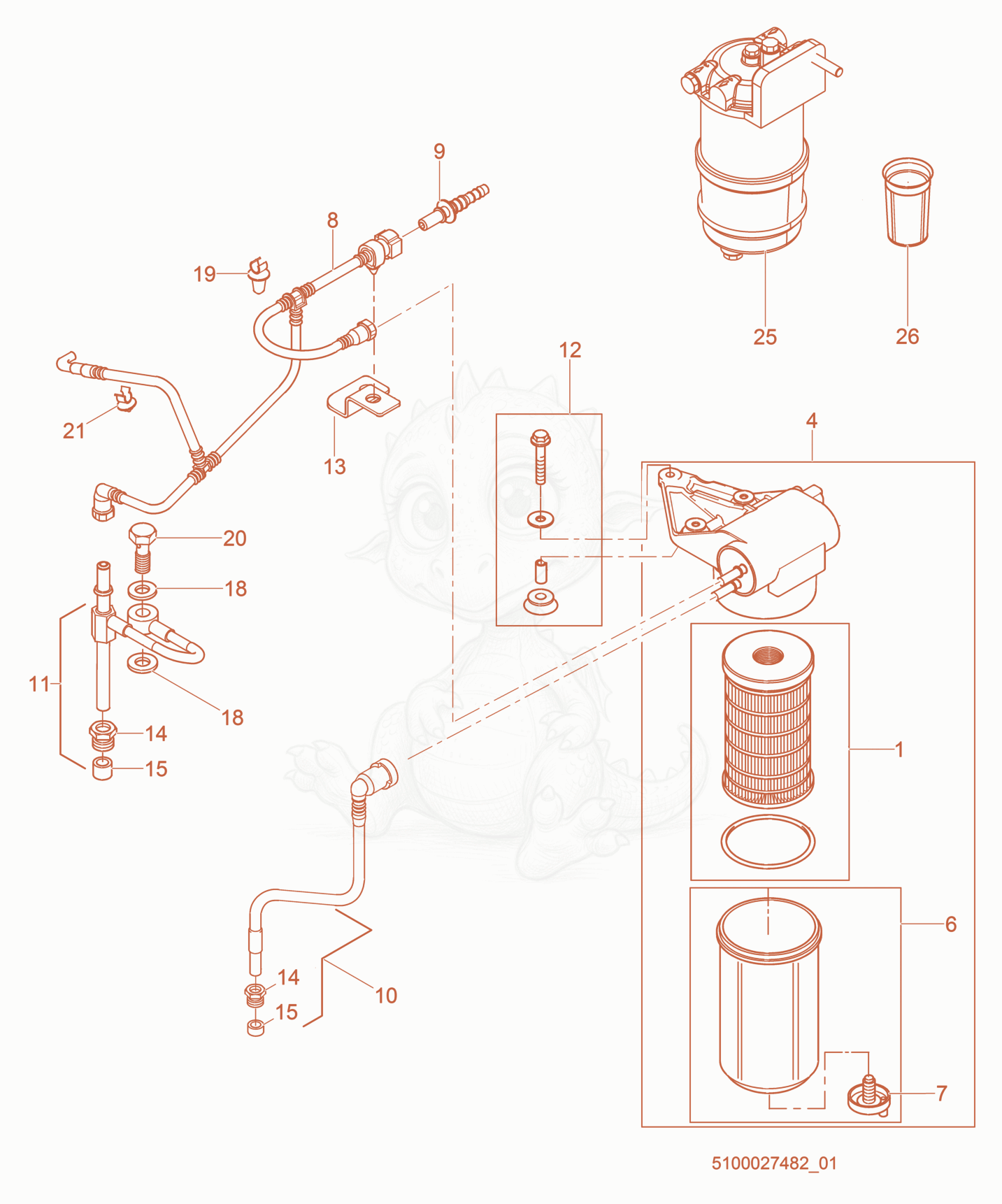 Exploded parts diagram of the Fuel Filter of a Wacker Neuson G60, with numbered balloons