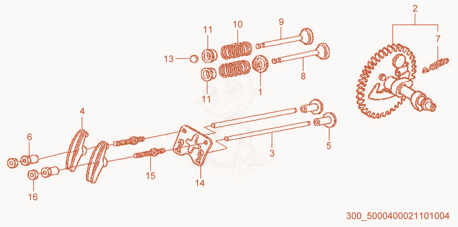 Despiece del Camshaft de una máquina Wacker Neuson VP1340AW, con globos numerados