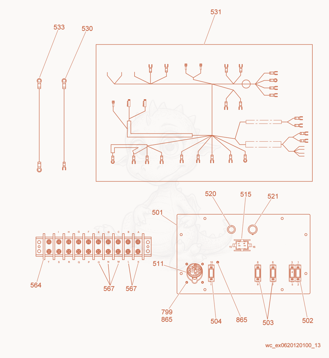 Exploded parts diagram of the Wiring Harness/Control Panel of a Wacker Neuson LTN6L, with numbered balloons