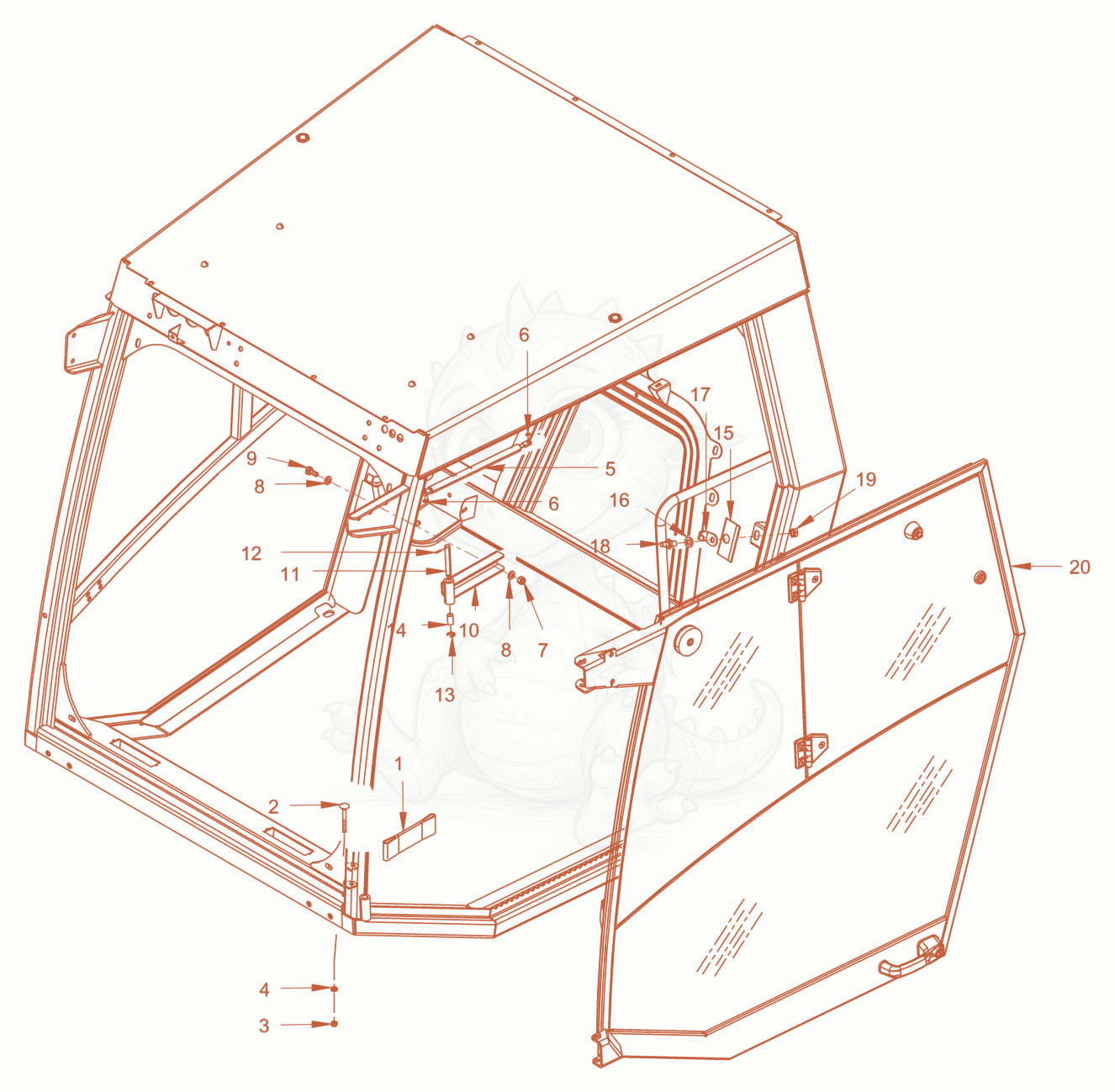 Exploded parts diagram of the driver's cabin of a Wacker Neuson RC110PUSROPS, with numbered balloons