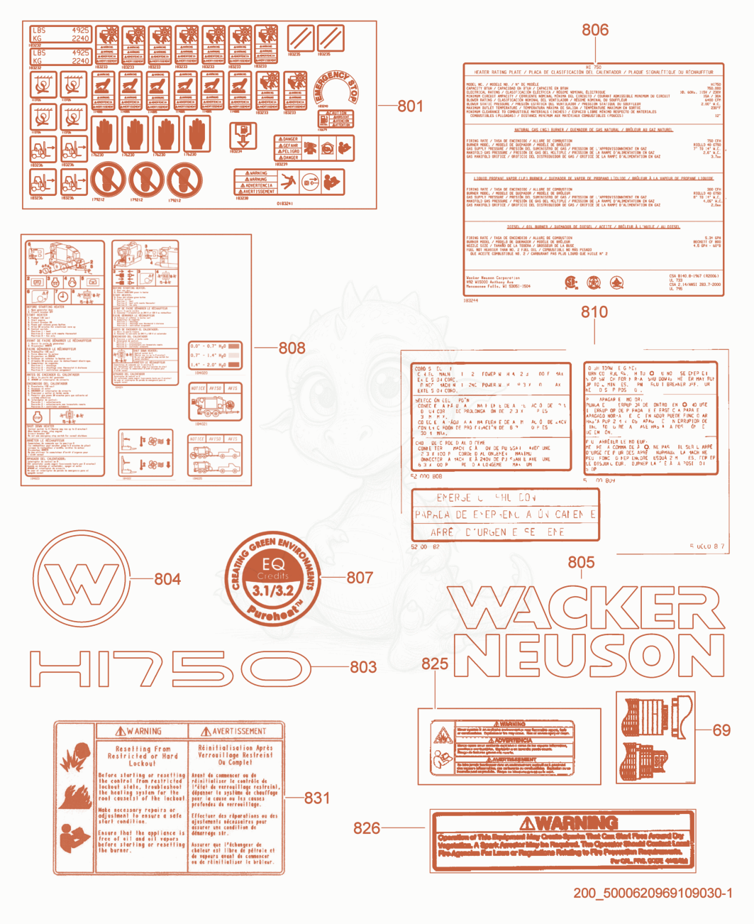 Despiece del Labels de una máquina Wacker Neuson HI750GMHD, con globos numerados