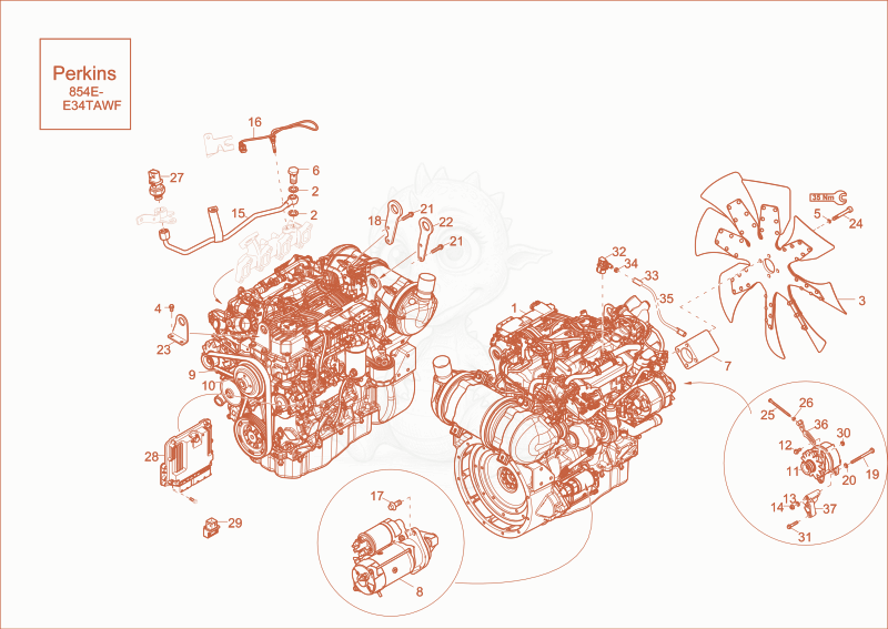 Despiece del diesel engine de una máquina Wacker Neuson DW100, con globos numerados