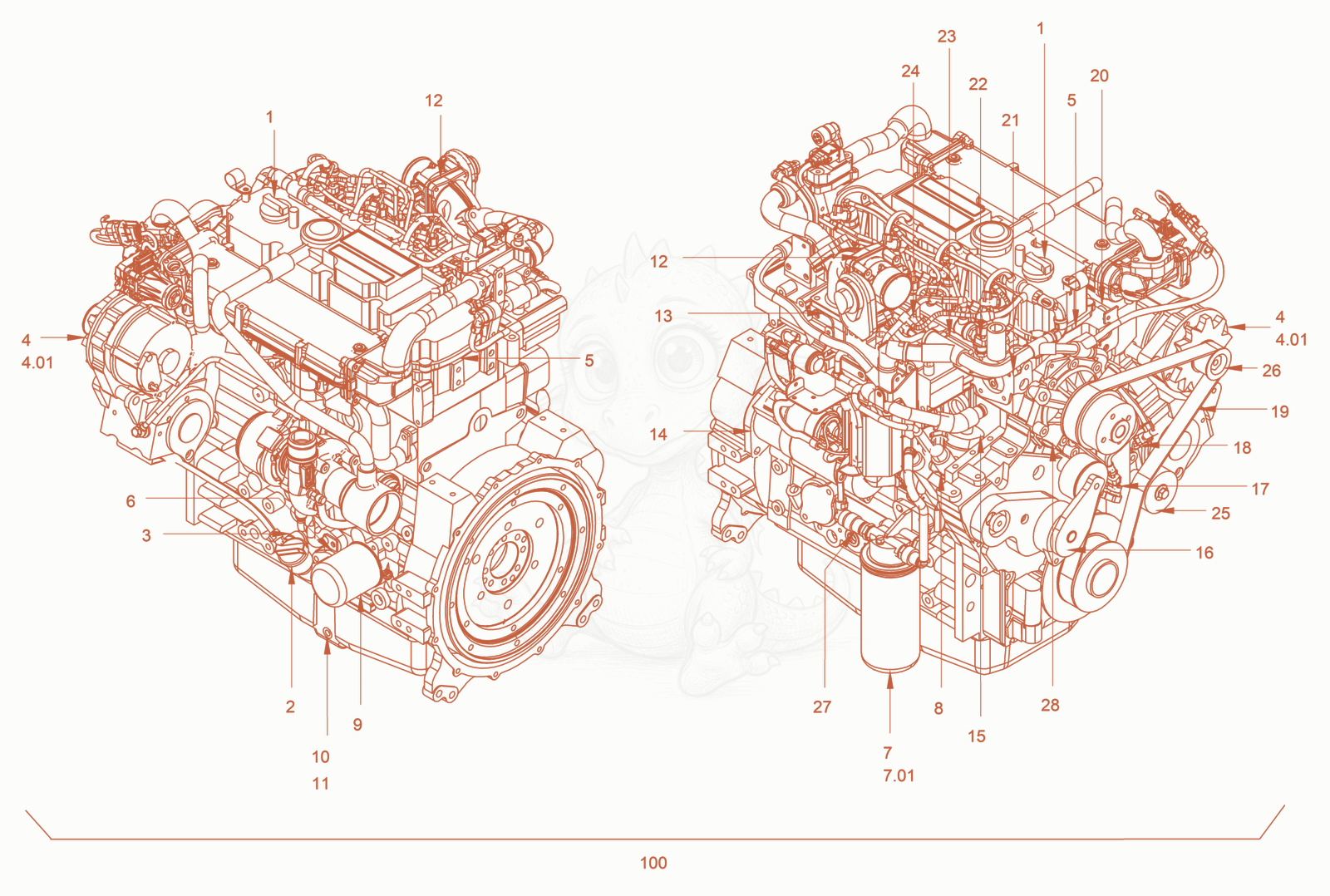 Exploded parts diagram of the pump drive and engine assembly of a Wacker Neuson RC110, with numbered balloons