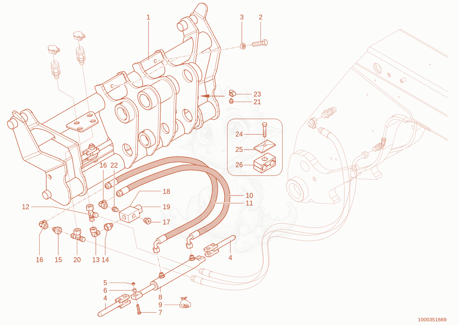 Exploded parts diagram of the quickhitch plate of a Wacker Neuson TH627(418-02), with numbered balloons