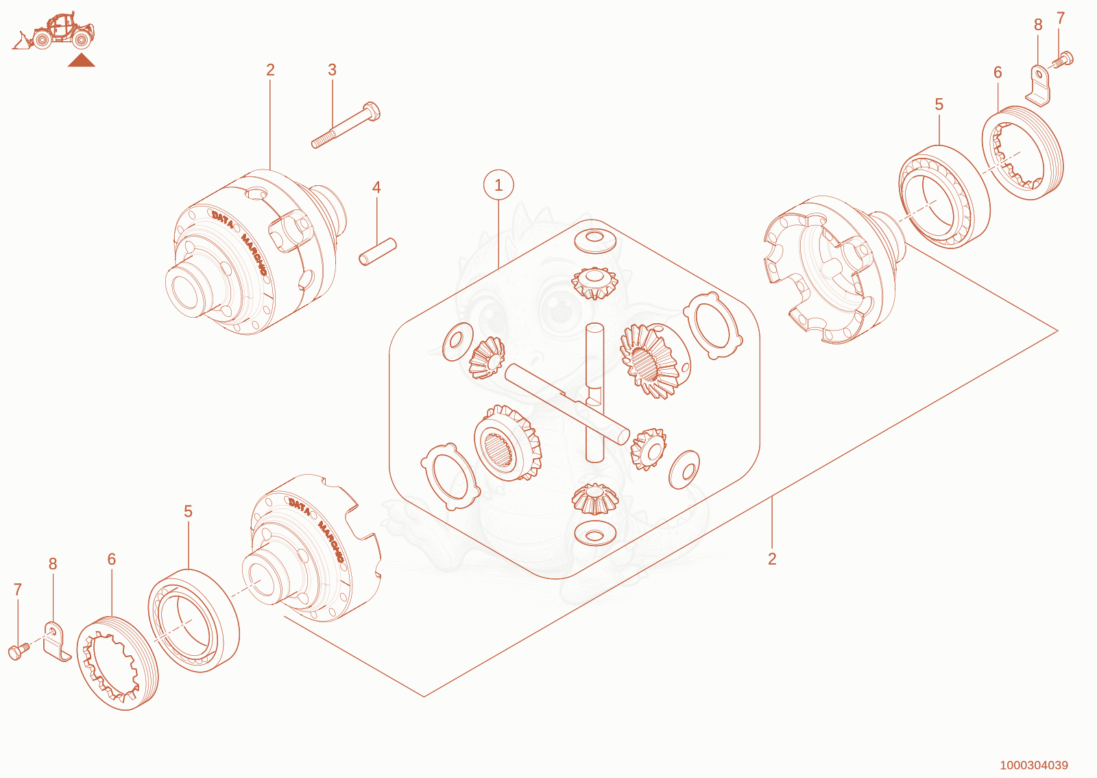 Exploded parts diagram of the differential of a Wacker Neuson TH755(416-14), with numbered balloons