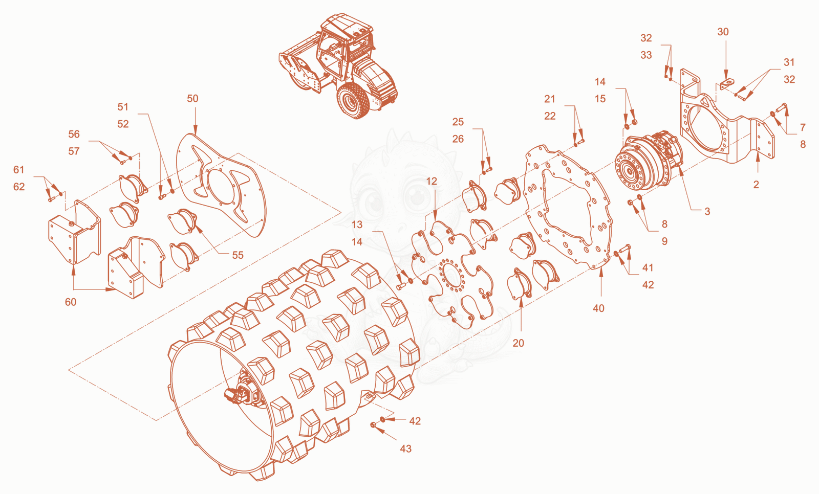 Exploded parts diagram of the Suspension (Roller Drum) of a Wacker Neuson RC50P, with numbered balloons