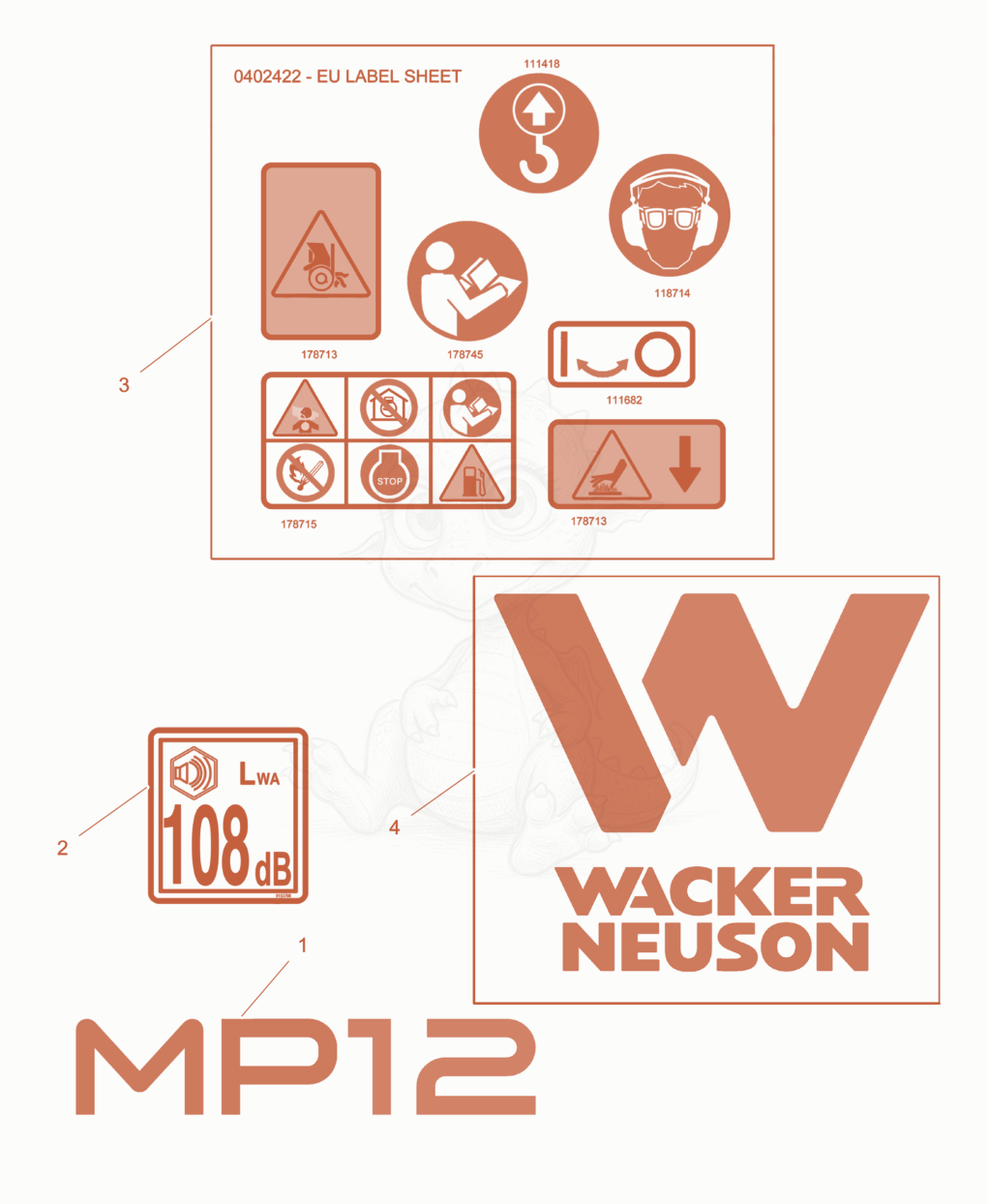 Exploded parts diagram of the Labels of a Wacker Neuson MP12, with numbered balloons