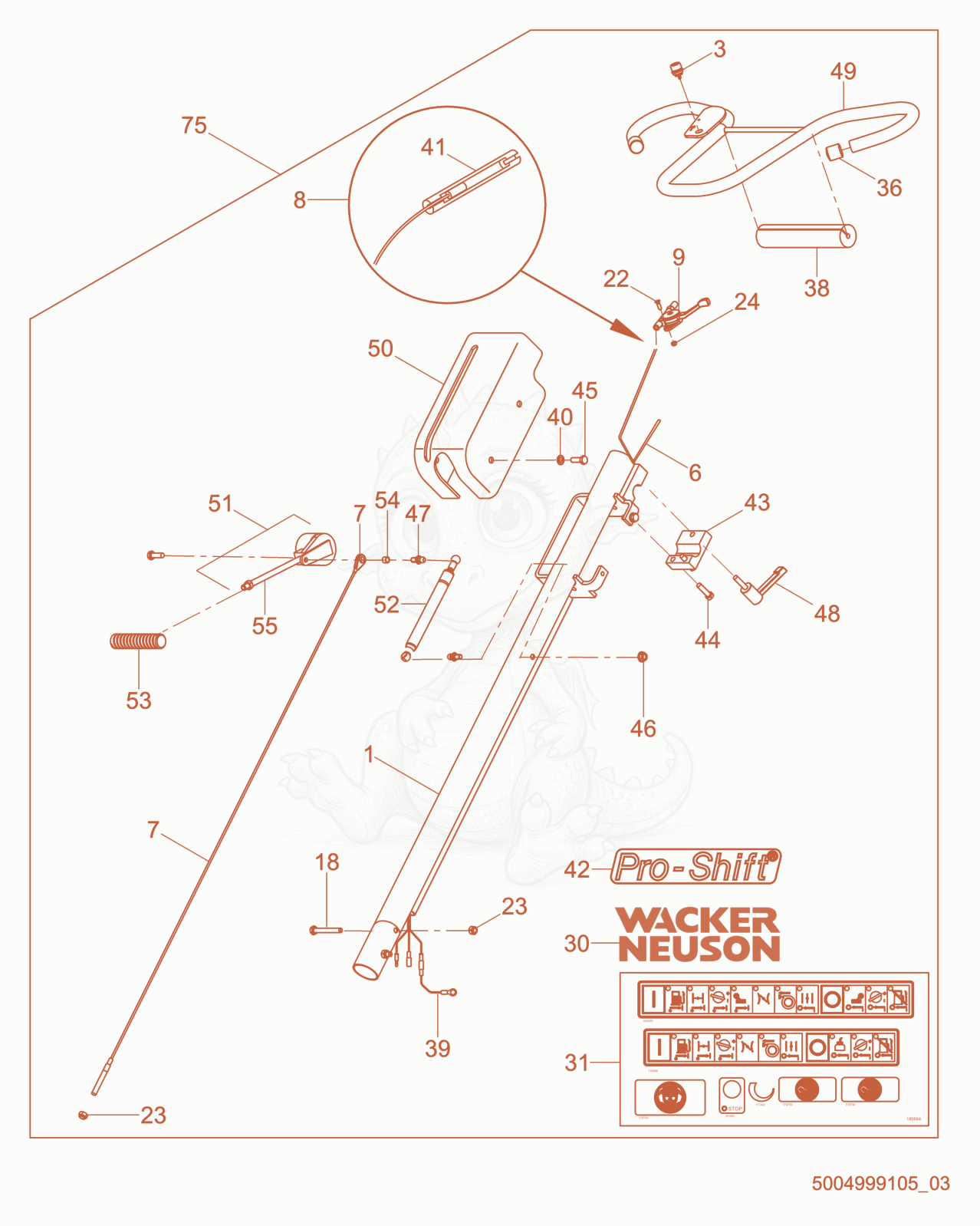 Exploded parts diagram of the Adjustable Pro-Shift® Trowel Handle of a Wacker Neuson CT48-11A, with numbered balloons