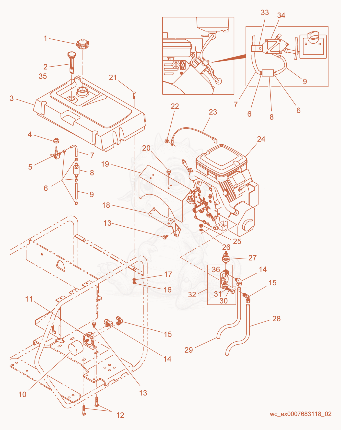 Exploded parts diagram of the Fuel Tank/Engine of a Wacker Neuson PTS4V, with numbered balloons