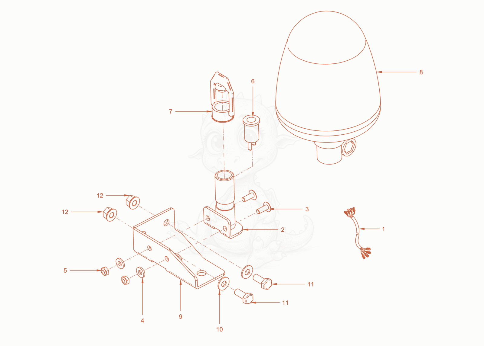 Exploded parts diagram of the rotary beacon of a Wacker Neuson RC50DPFCAB, with numbered balloons