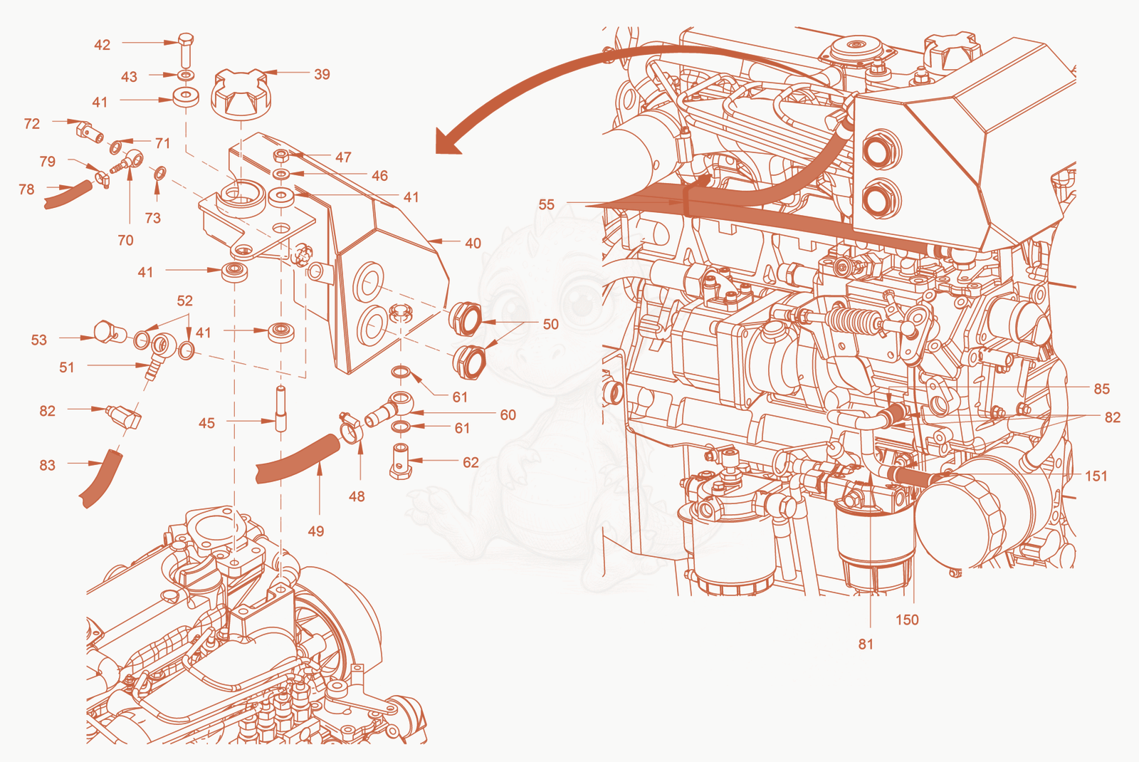 Exploded parts diagram of the cooling of a Wacker Neuson RD45-140, with numbered balloons