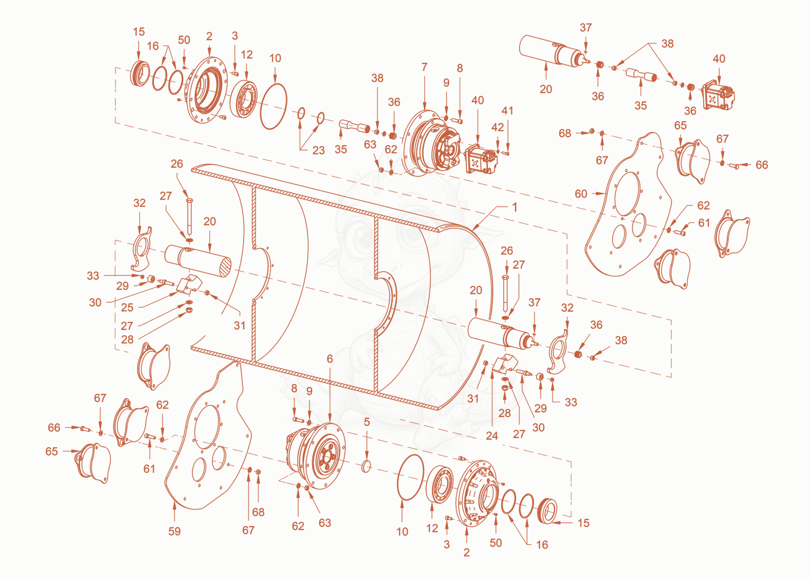 Exploded parts diagram of the roller drum of a Wacker Neuson RD45-140US, with numbered balloons