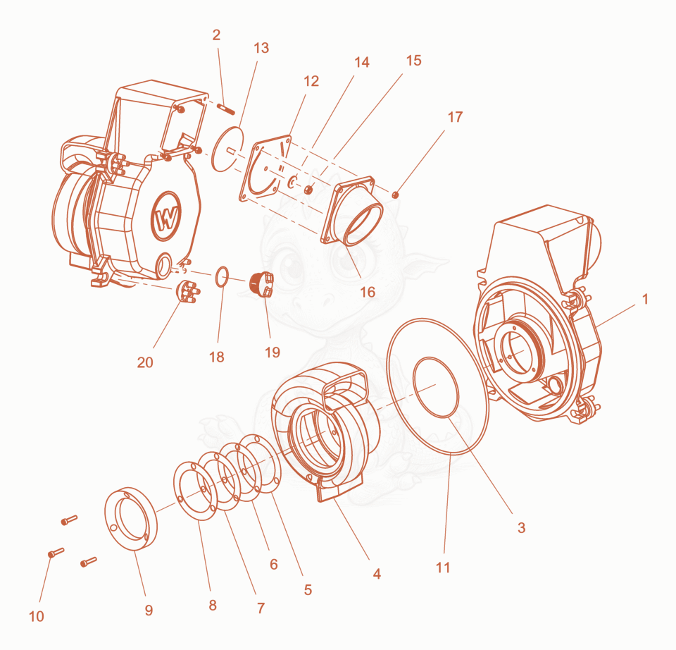 Exploded parts diagram of the Pump front of a Wacker Neuson PTS4V, with numbered balloons