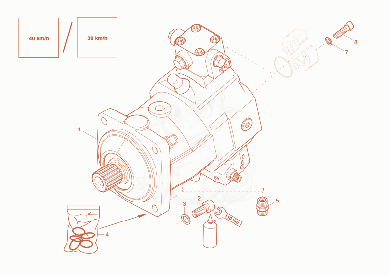 Exploded parts diagram of the VARIABLE DISPLACEMENT MOTOR (Option) of a Wacker Neuson EW100, with numbered balloons