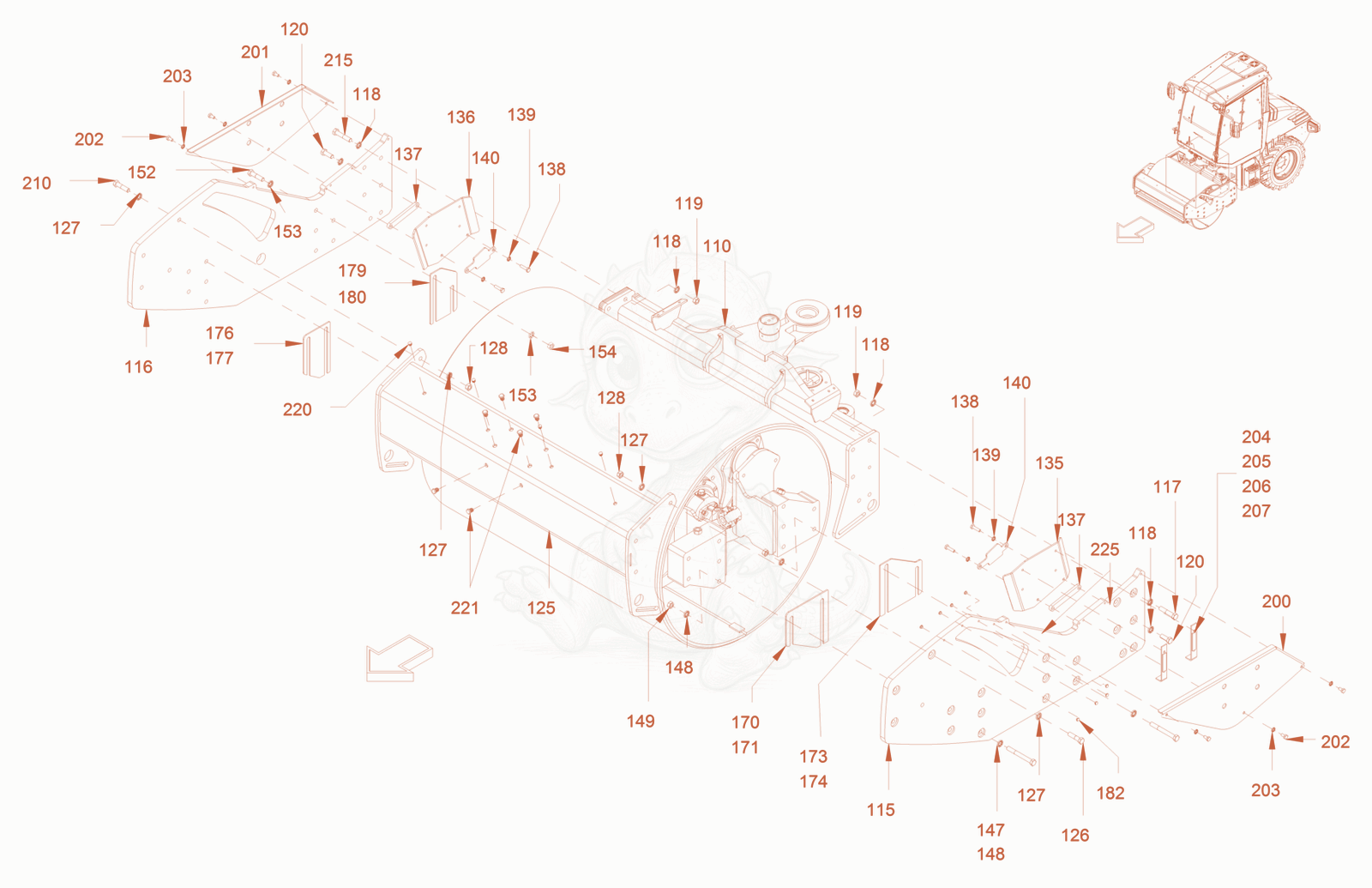 Exploded parts diagram of the main frame and assemblies of a Wacker Neuson RC50, with numbered balloons