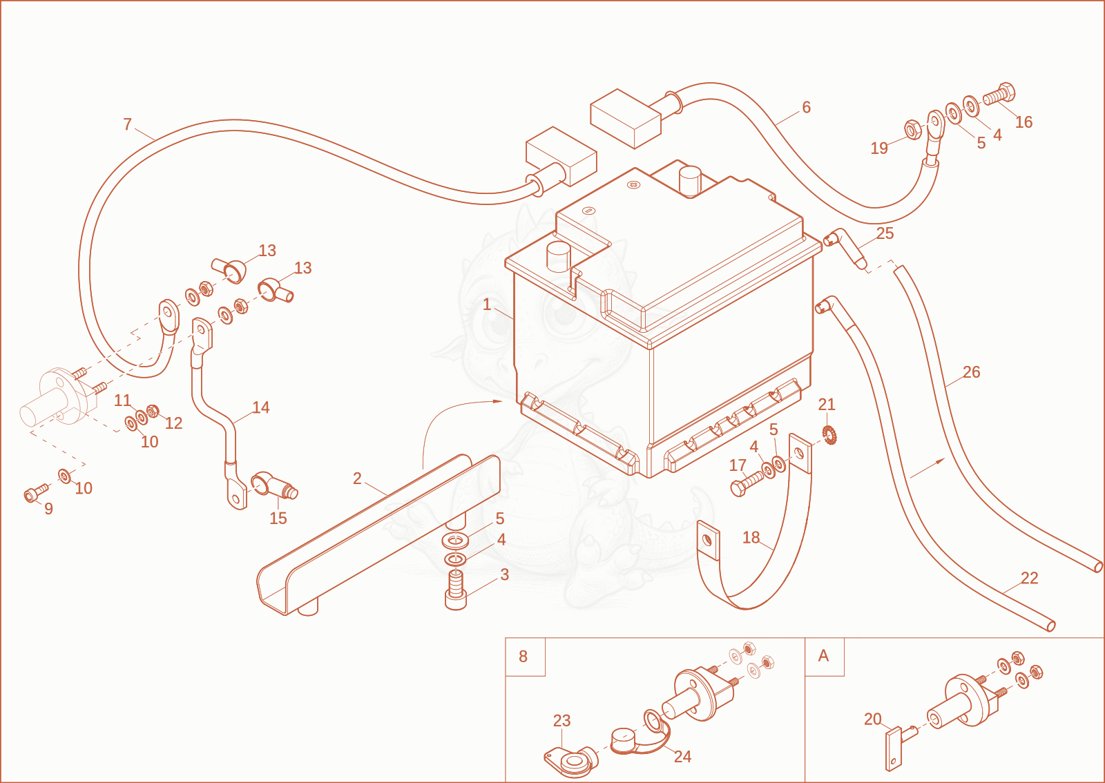 Exploded parts diagram of the battery of a Wacker Neuson ET16, with numbered balloons