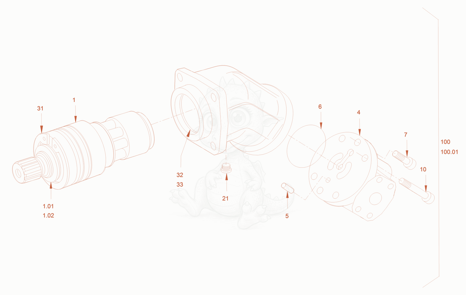 Exploded parts diagram of the constant motor (vibration driv of a Wacker Neuson RC50DPFCAB, with numbered balloons