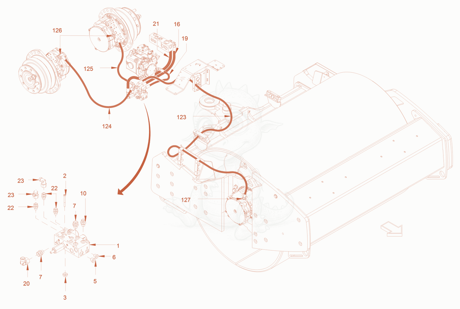 Exploded parts diagram of the brake hydraulics of a Wacker Neuson RC70P, with numbered balloons