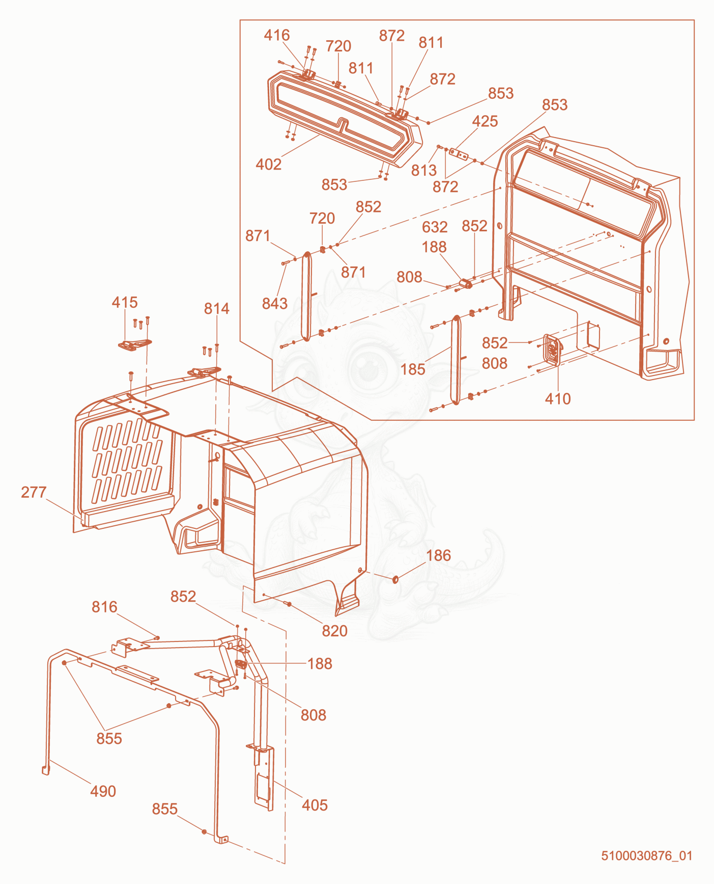 Exploded parts diagram of the Rear Enclosure cpl. of a Wacker Neuson LTV6K, with numbered balloons