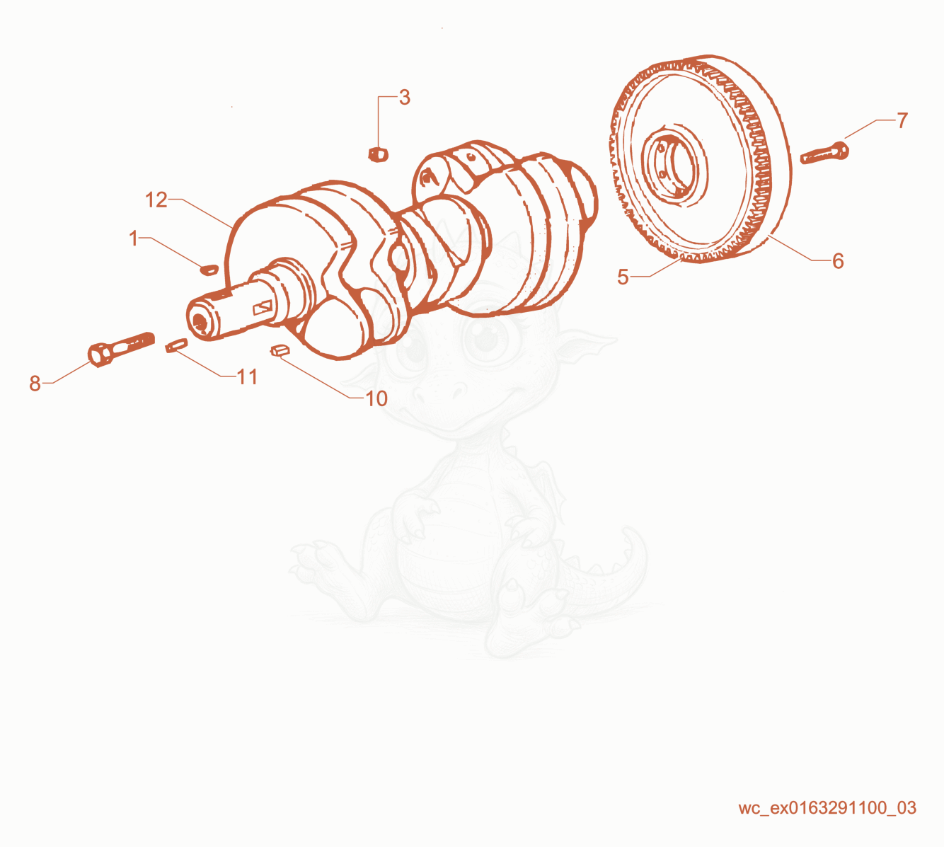 Exploded parts diagram of the Crankshaft/Flywheel of a Wacker Neuson RD16-100, with numbered balloons