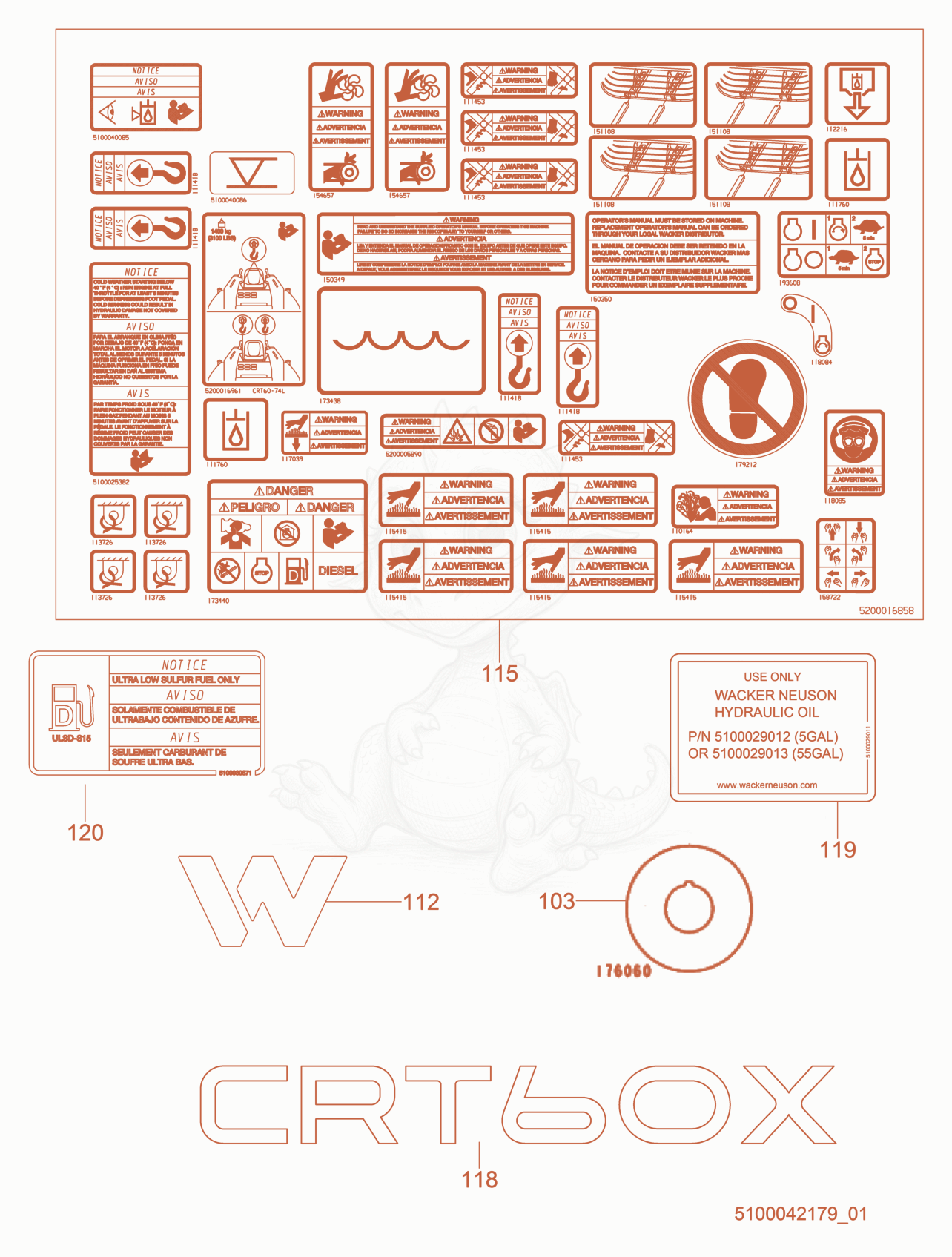 Exploded parts diagram of the Labels of a Wacker Neuson CRT60-74LX, with numbered balloons