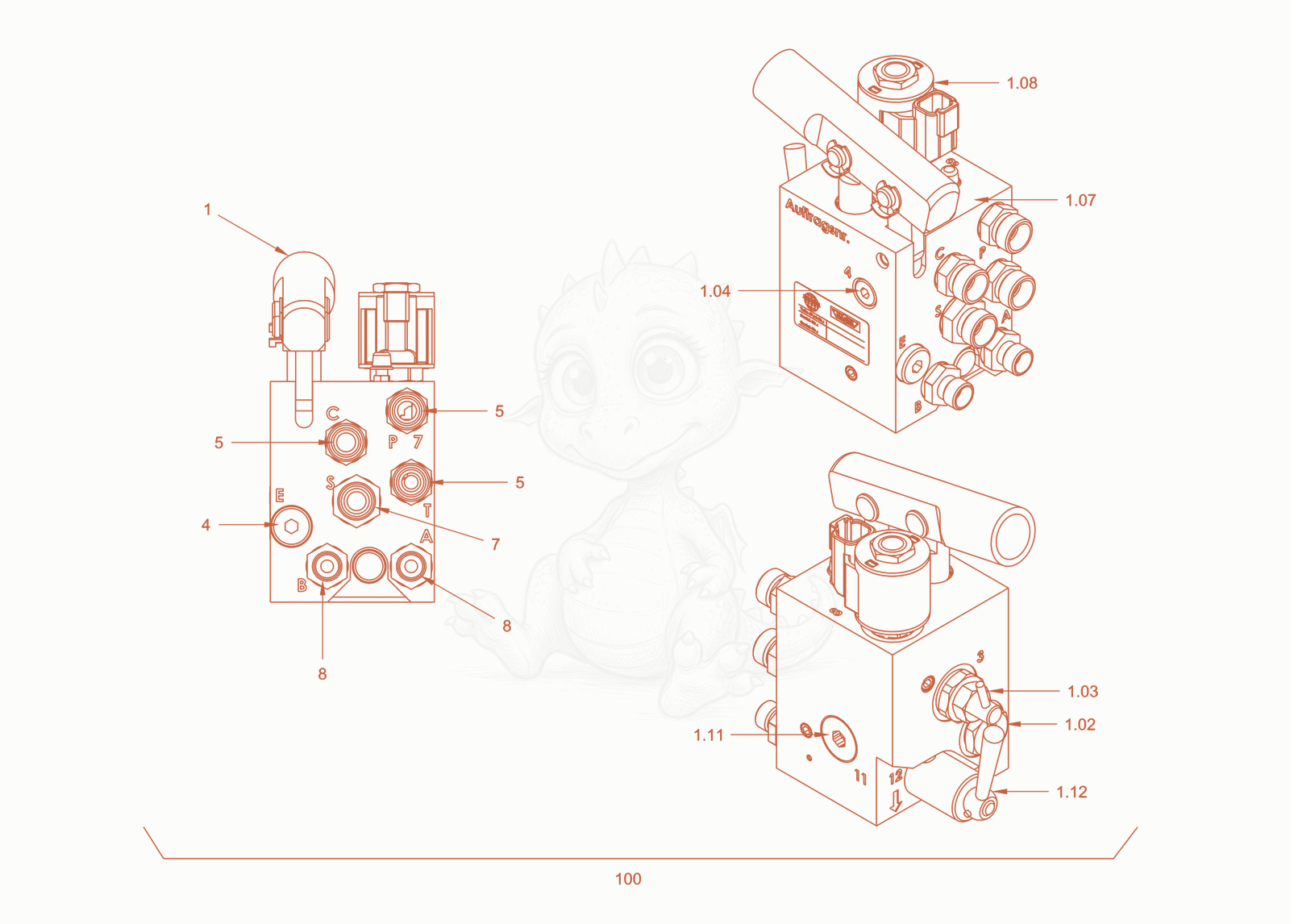 Exploded parts diagram of the brake hydraulics of a Wacker Neuson RC110CAB, with numbered balloons