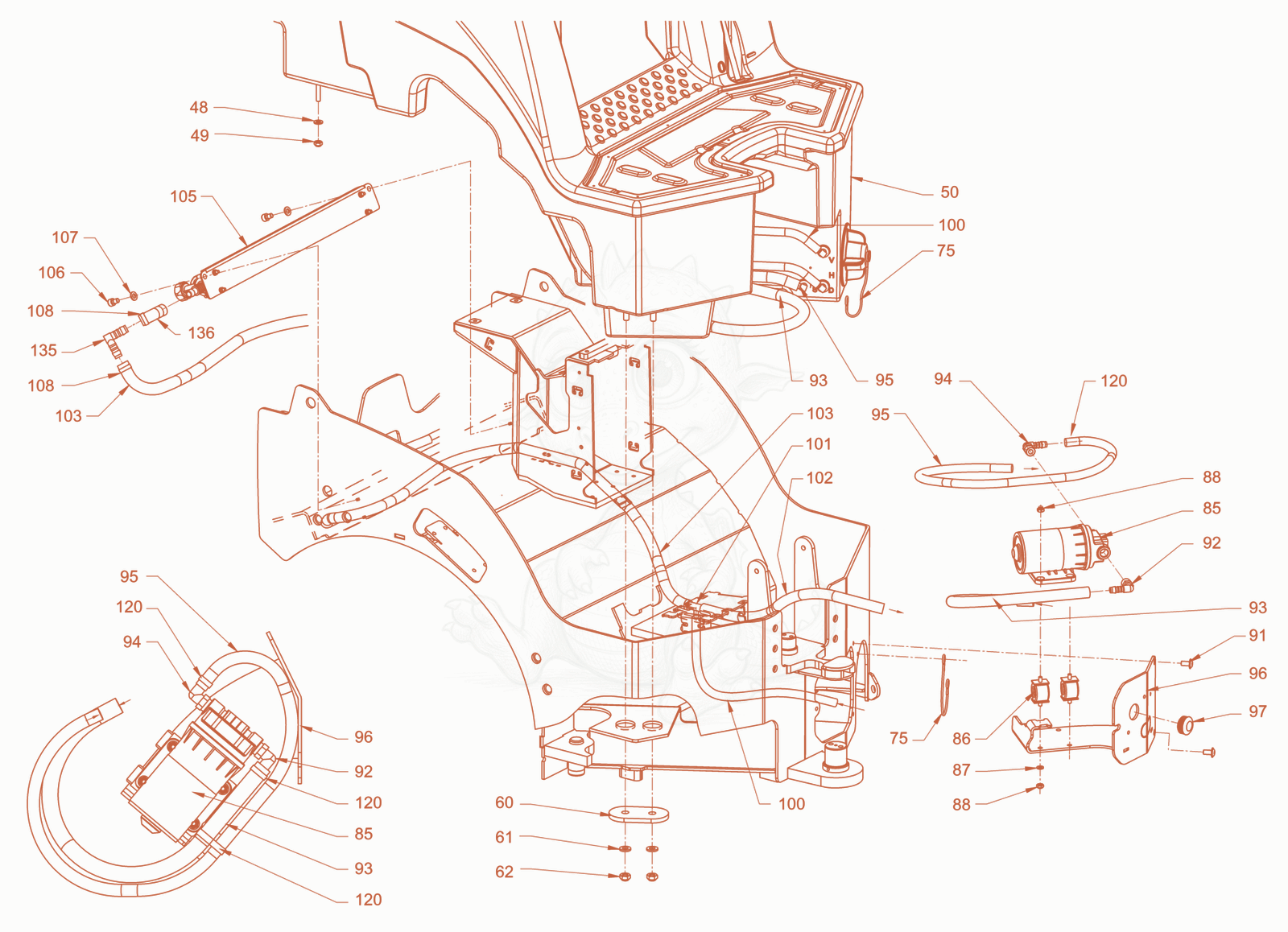 Exploded parts diagram of the sprinkling of a Wacker Neuson RD18-80, with numbered balloons