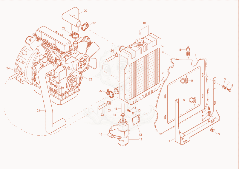 Exploded parts diagram of the water cooler of a Wacker Neuson 1402PRIMUSFORCE, with numbered balloons