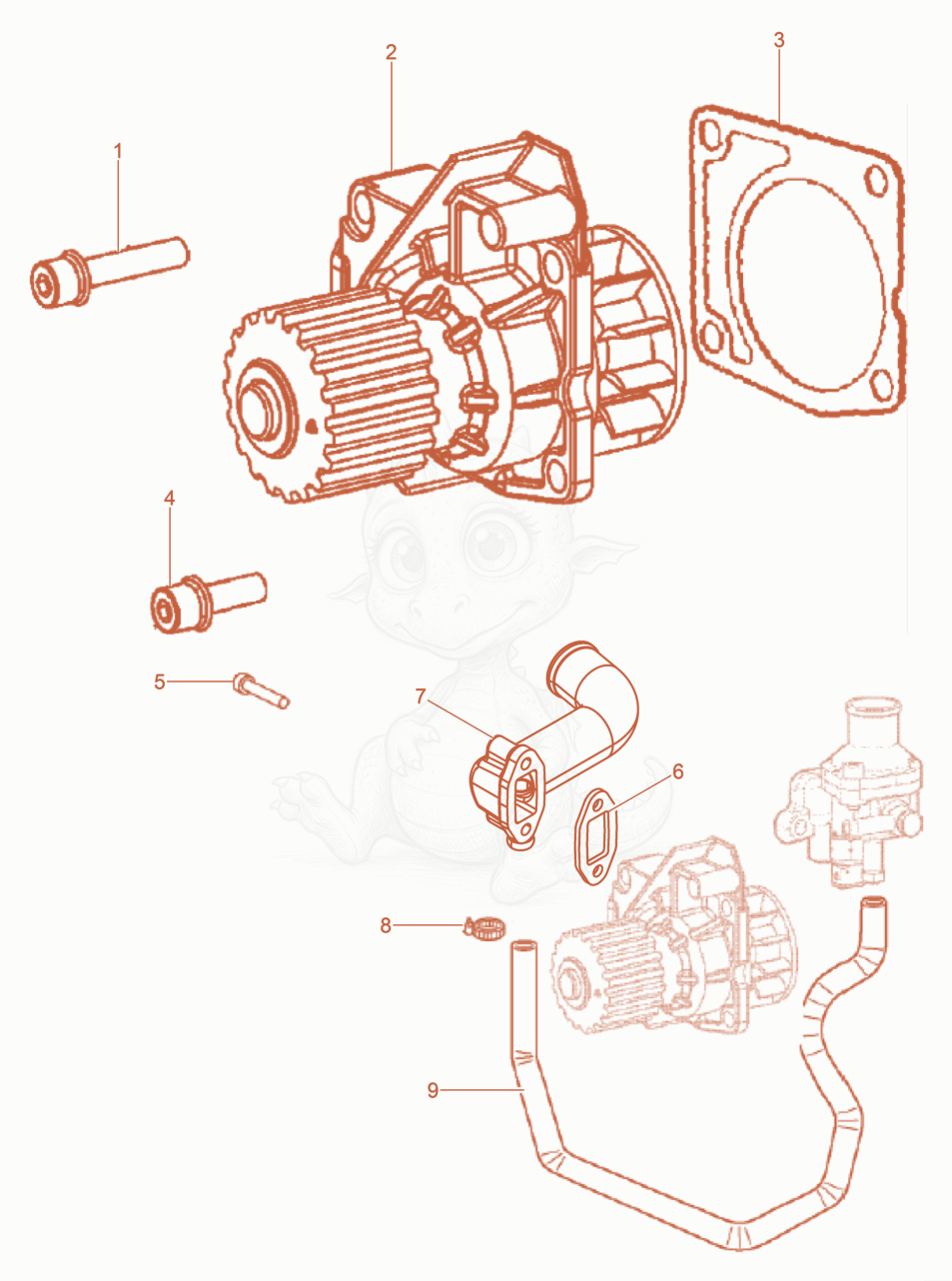 Despiece del Water Pump de una máquina Wacker Neuson DPU80/110KMAT, con globos numerados