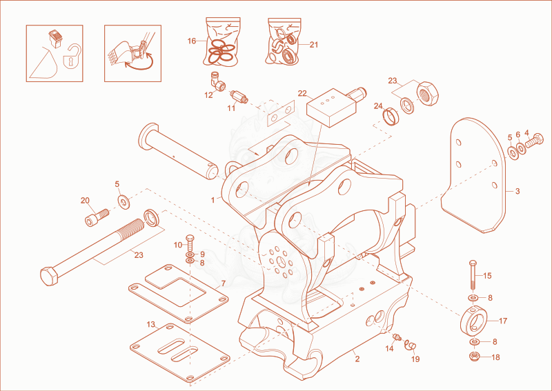 Exploded parts diagram of the Easy lock Powertilt (Option) of a Wacker Neuson EZ17, with numbered balloons