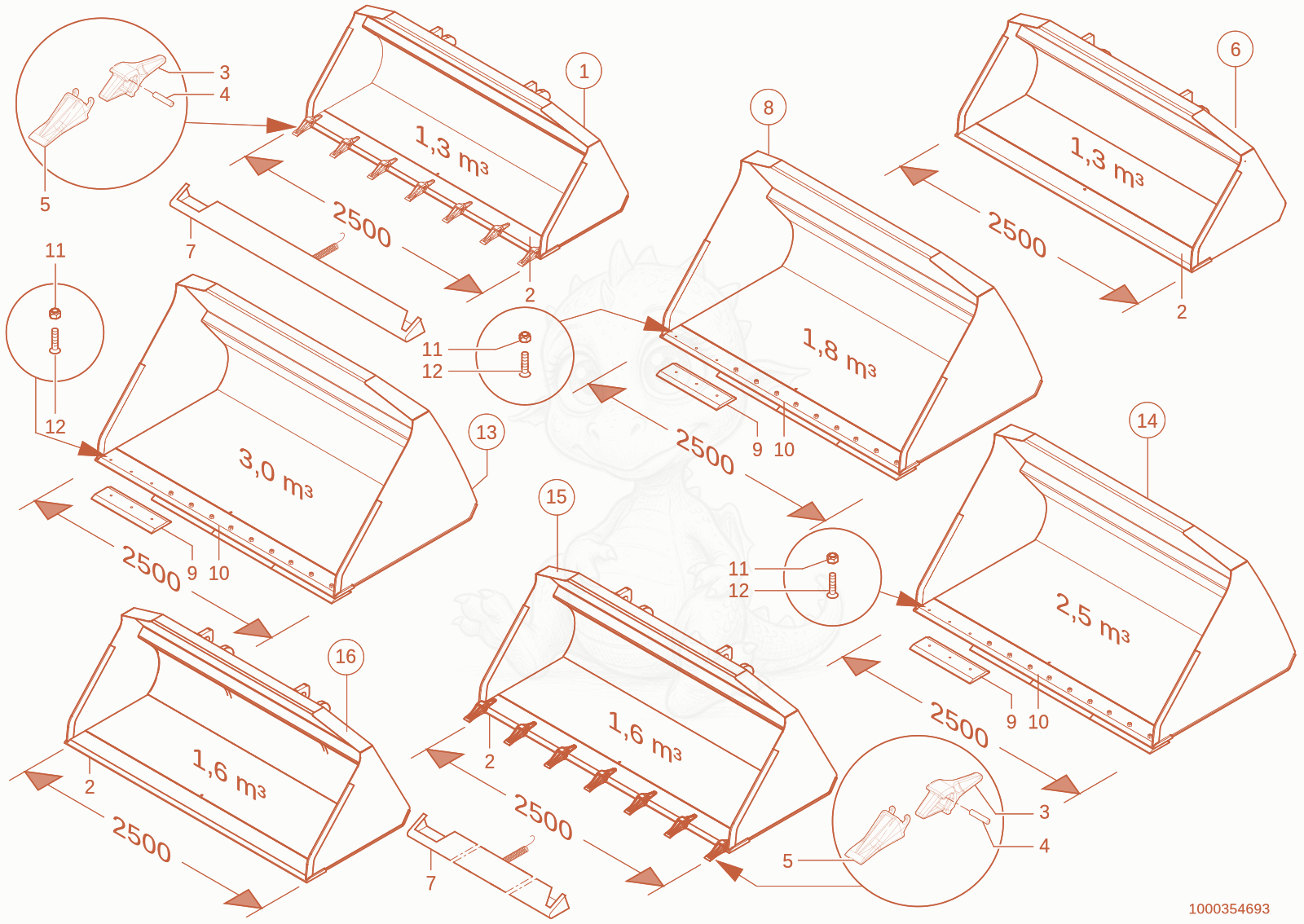 Exploded parts diagram of the bucket of a Wacker Neuson TH755(416-14), with numbered balloons