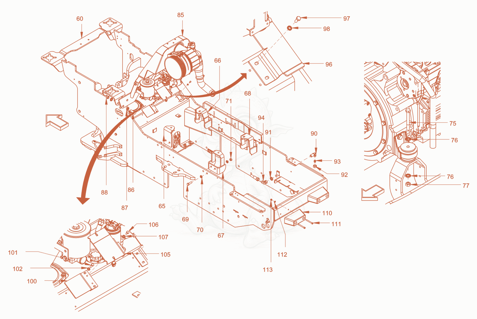 Exploded parts diagram of the main frame and assemblies of a Wacker Neuson RC110PUSROPS, with numbered balloons
