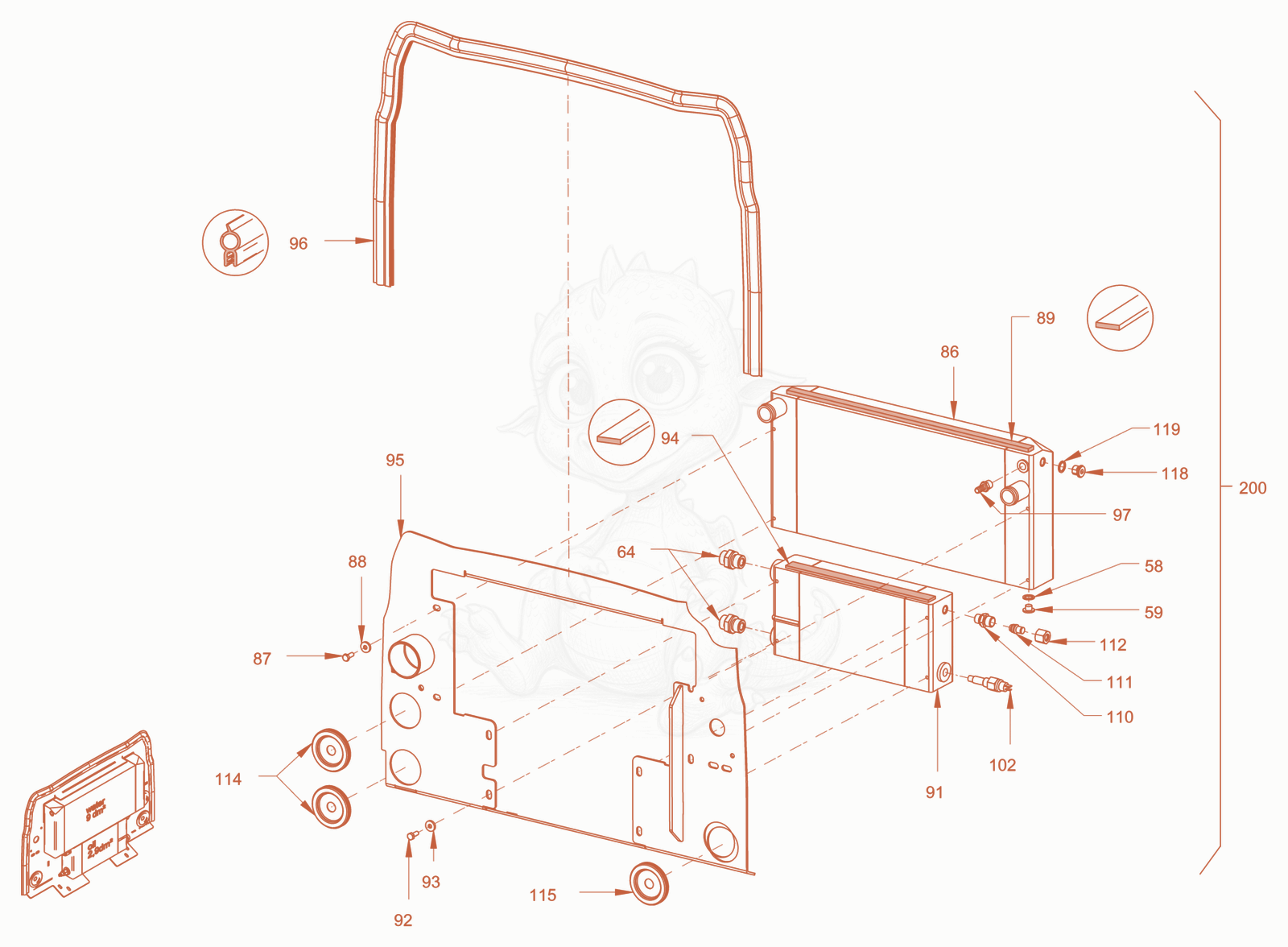 Exploded parts diagram of the cooling (engine/hydraulic oil) of a Wacker Neuson RD18-100.3, with numbered balloons