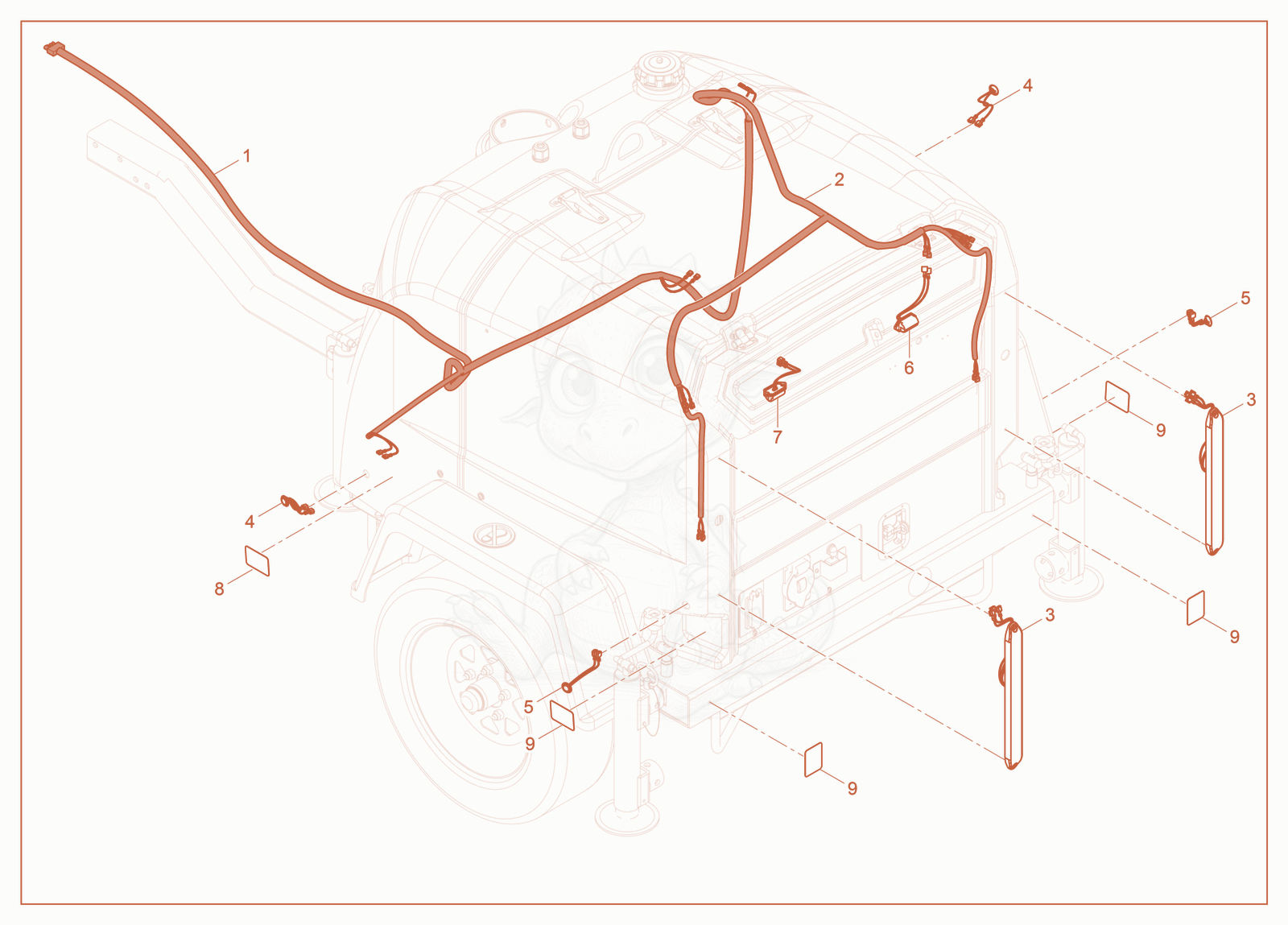 Exploded parts diagram of the Wiring cpl., trailer of a Wacker Neuson LTV4L, with numbered balloons