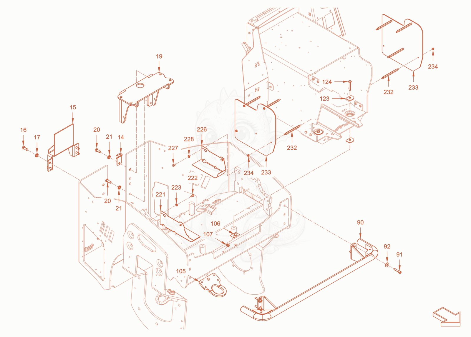 Exploded parts diagram of the main frame and assemblies of a Wacker Neuson RD24-100E, with numbered balloons