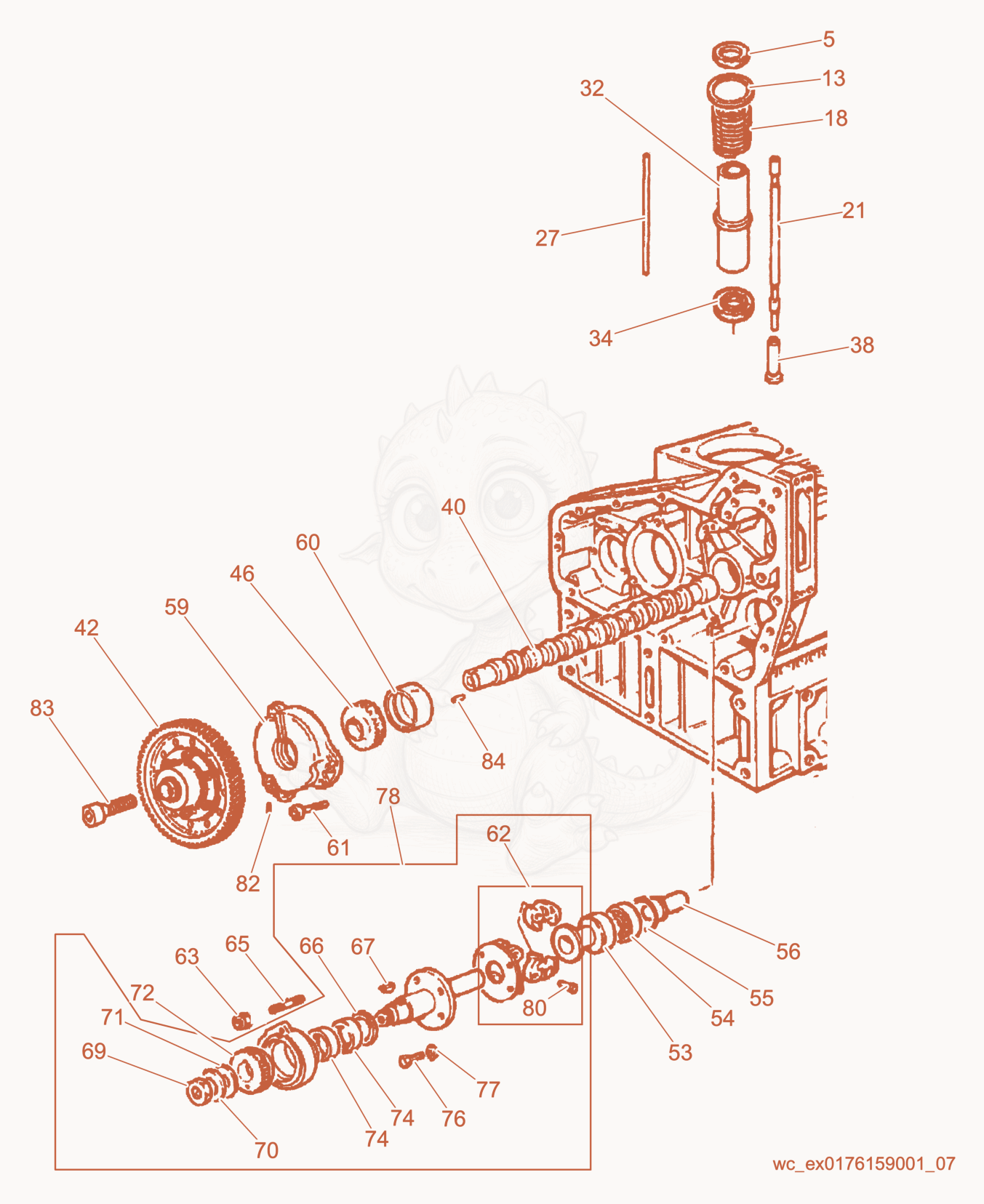 Despiece del Timing/Speed Governor de una máquina Wacker Neuson PT6LS, con globos numerados