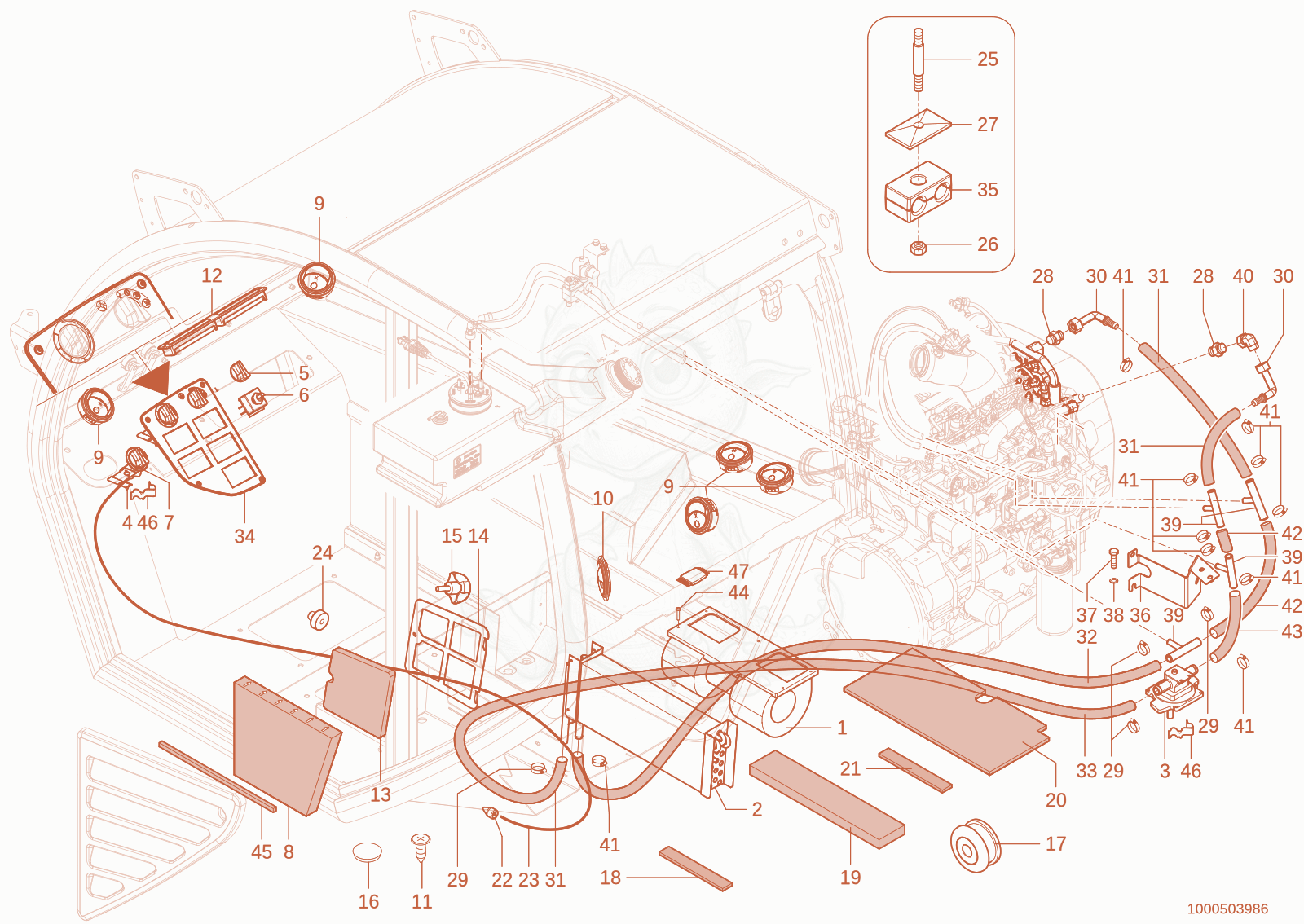 Despiece del heating de una máquina Wacker Neuson TH735(415-36), con globos numerados