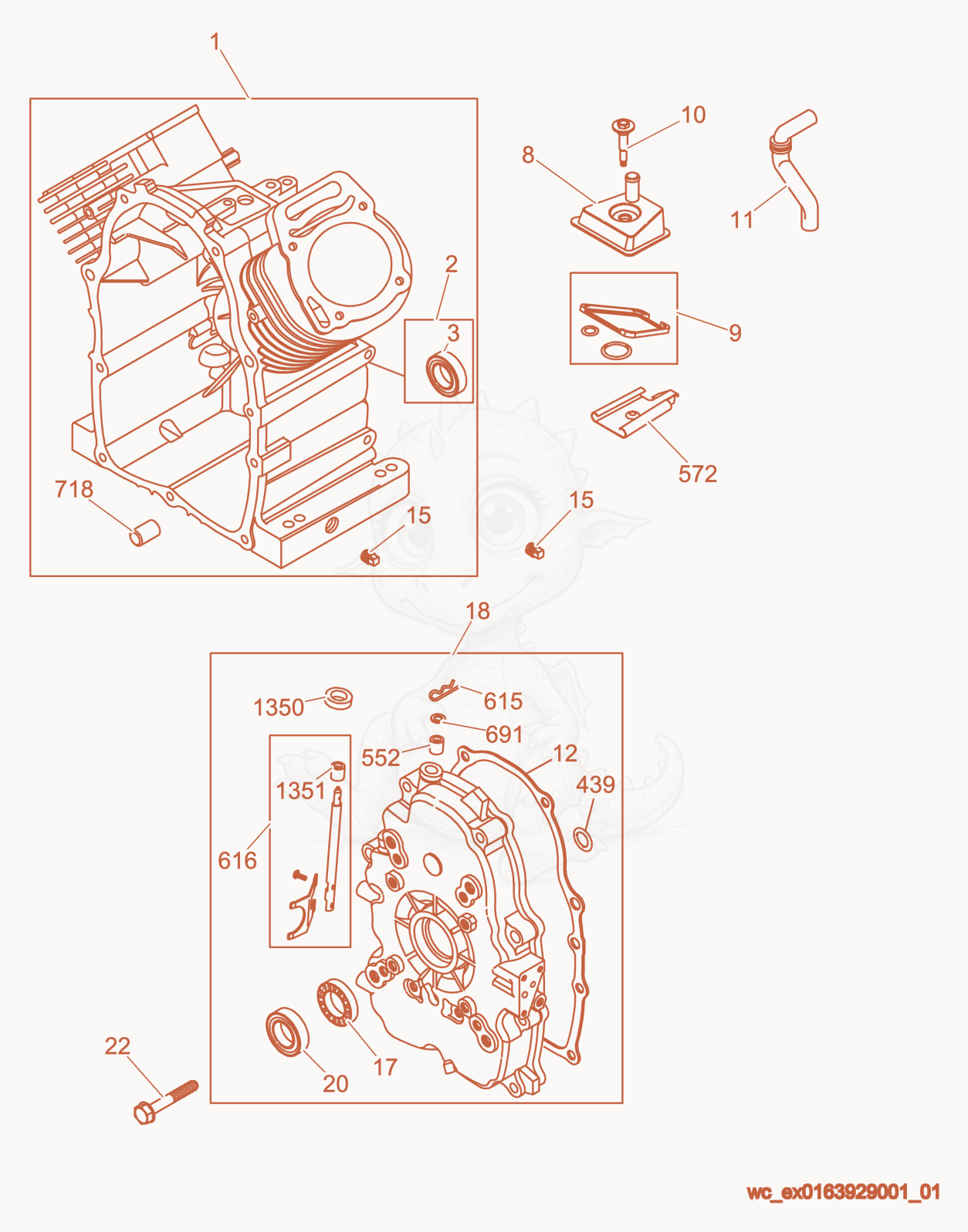 Exploded parts diagram of the Cylinder/Crankcase Cover of a Wacker Neuson PTS4V, with numbered balloons