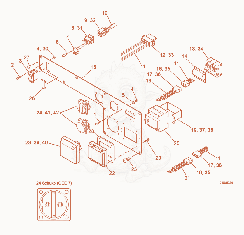 Exploded parts diagram of the Control Panel with Earth Leakage Circuit Breaker of a Wacker Neuson GS5.7AE, with numbered balloons