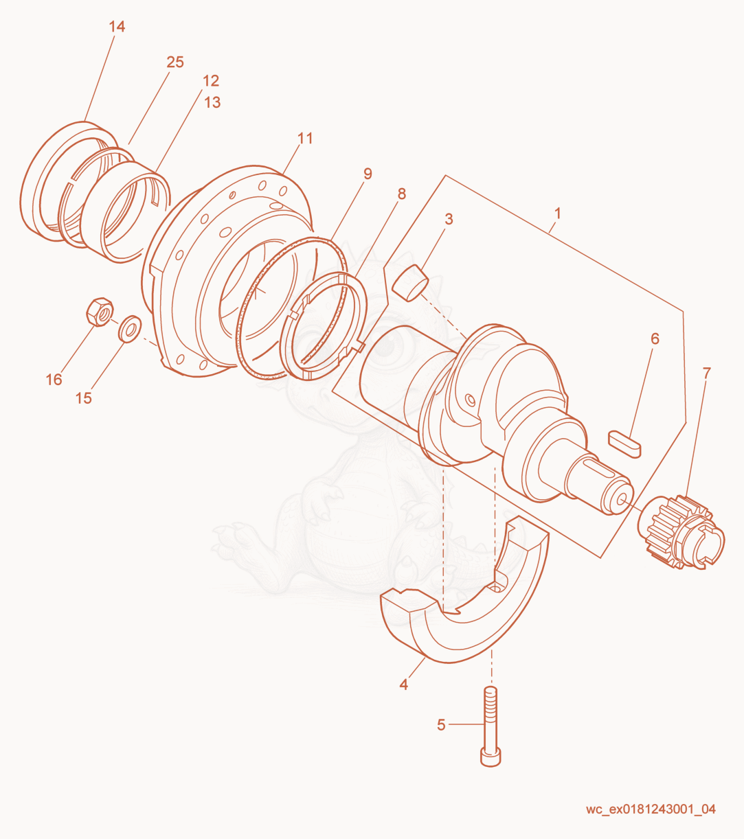 Despiece del Crankshaft de una máquina Wacker Neuson RD7H-SEU, con globos numerados