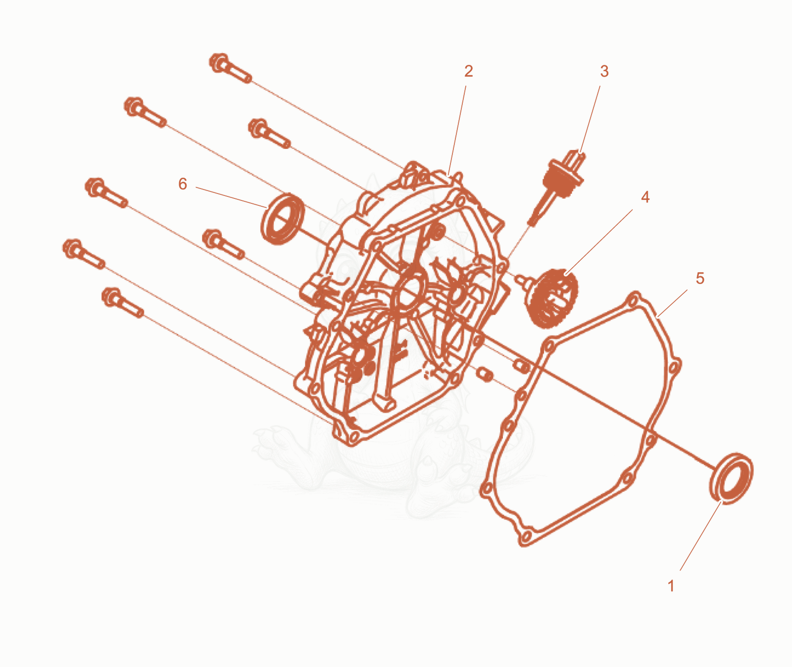 Exploded parts diagram of the Crankcase cover cpl. of a Wacker Neuson GS6000GCE, with numbered balloons