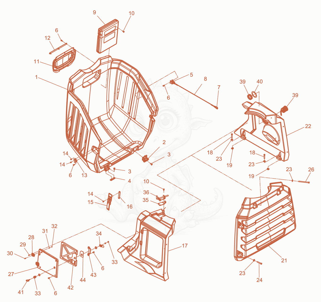 Exploded parts diagram of the bonnet of a Wacker Neuson LTN5YUK, with numbered balloons
