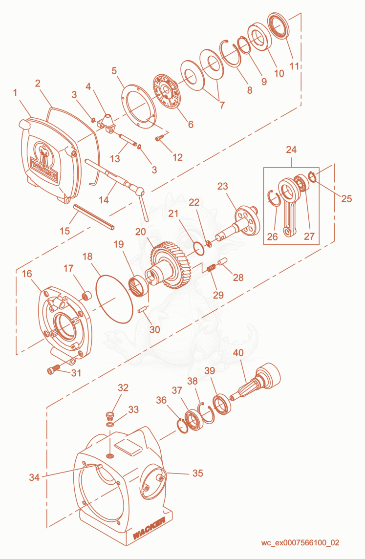 Exploded parts diagram of the Crankcase cpl. of a Wacker Neuson BS65Y, with numbered balloons