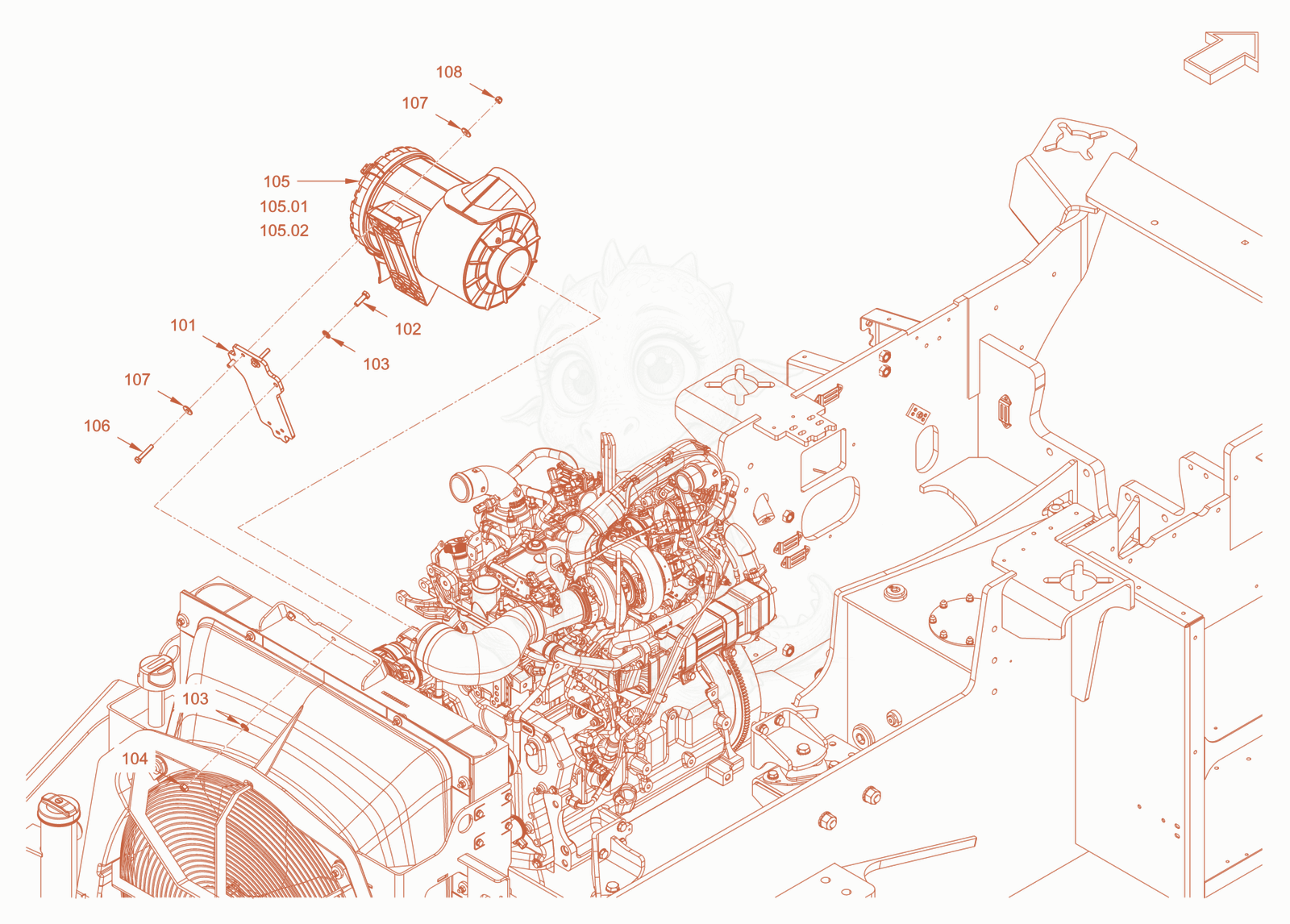 Exploded parts diagram of the air filter system of a Wacker Neuson RC110PCAB, with numbered balloons