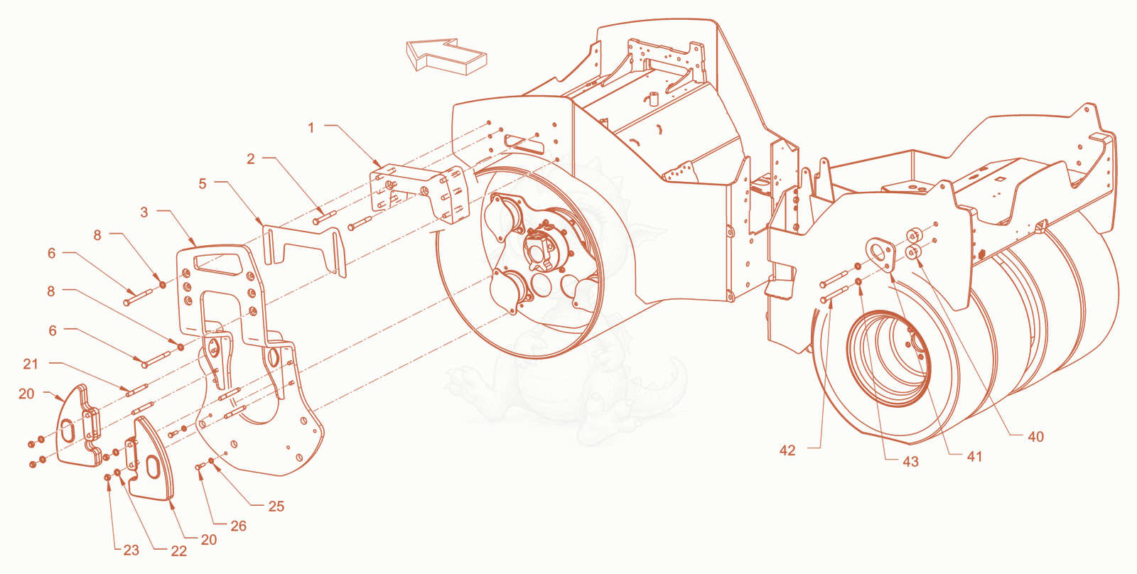 Exploded parts diagram of the suspension (smooth roller drum) of a Wacker Neuson RD45-140CUS, with numbered balloons