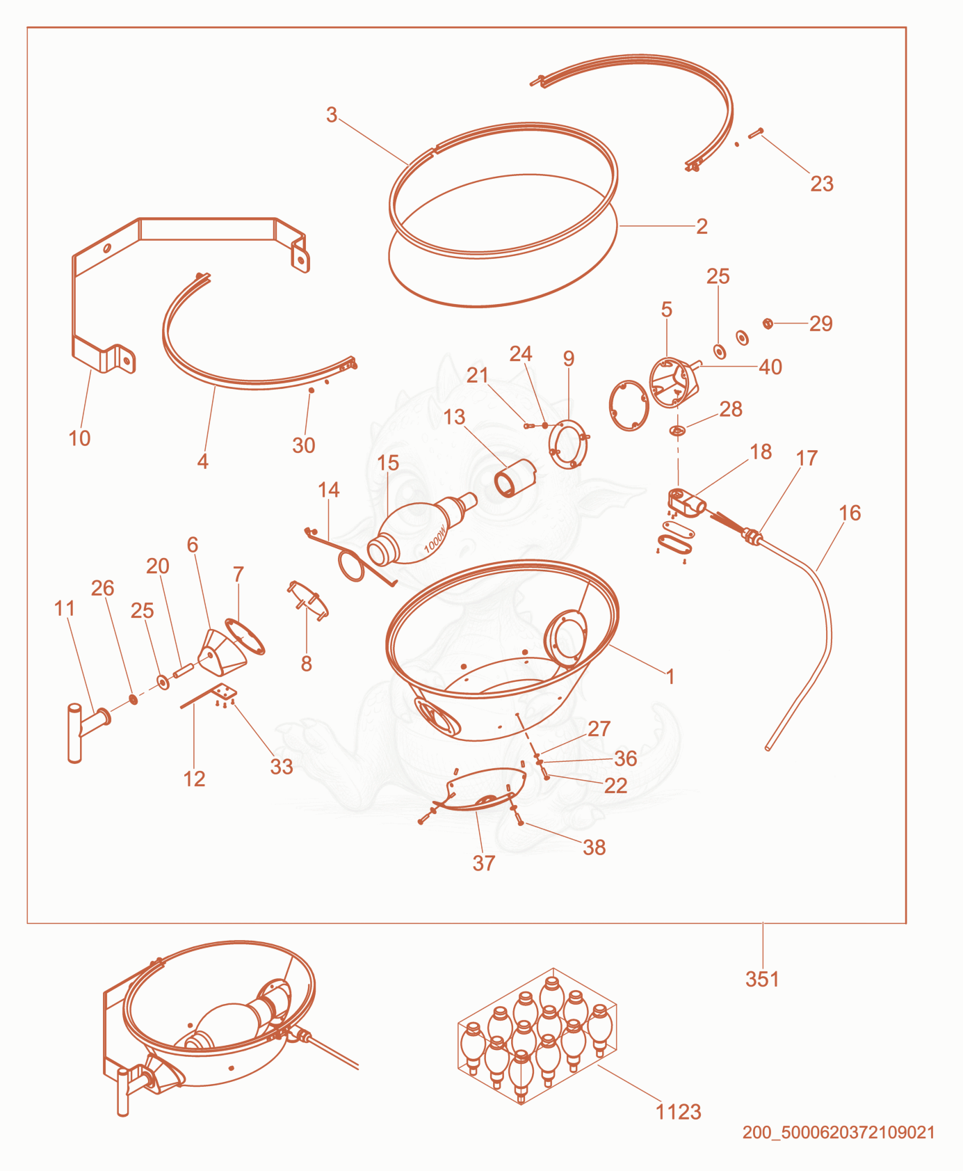 Exploded parts diagram of the Light cpl. of a Wacker Neuson LTW6K-VS, with numbered balloons