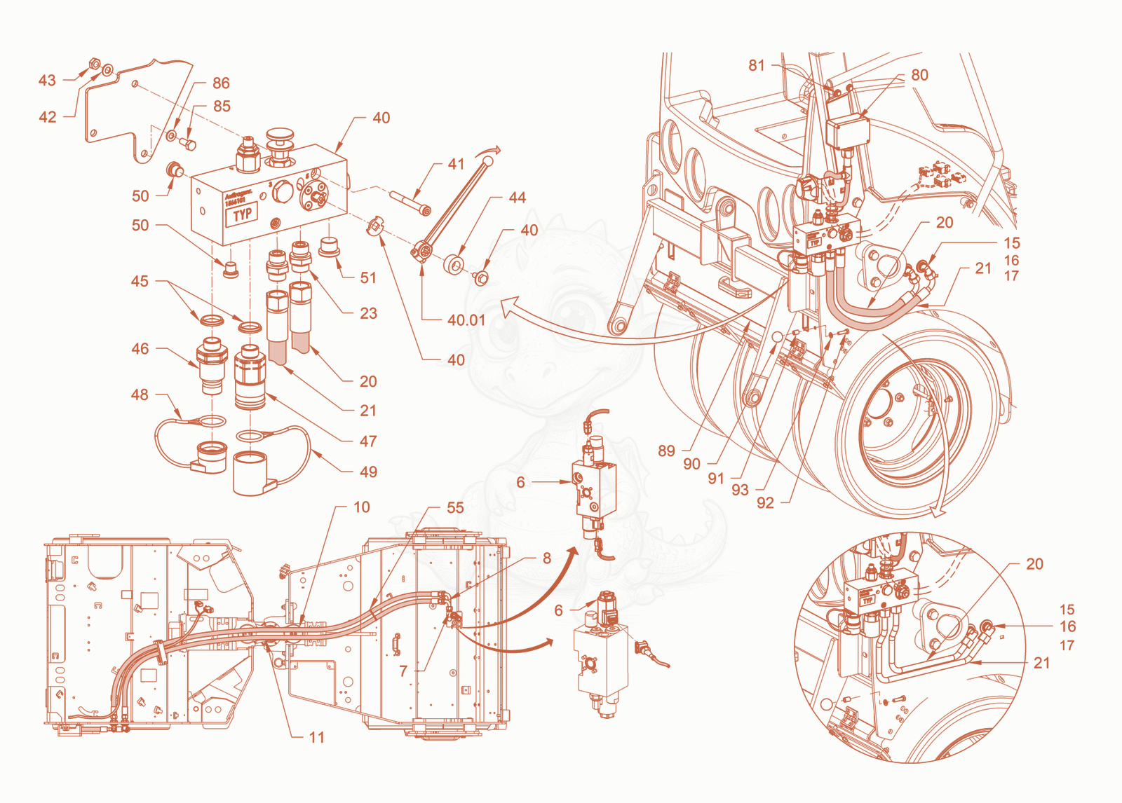 Exploded parts diagram of the hydraulic system (chip spreader) of a Wacker Neuson RD24-100C.3, with numbered balloons