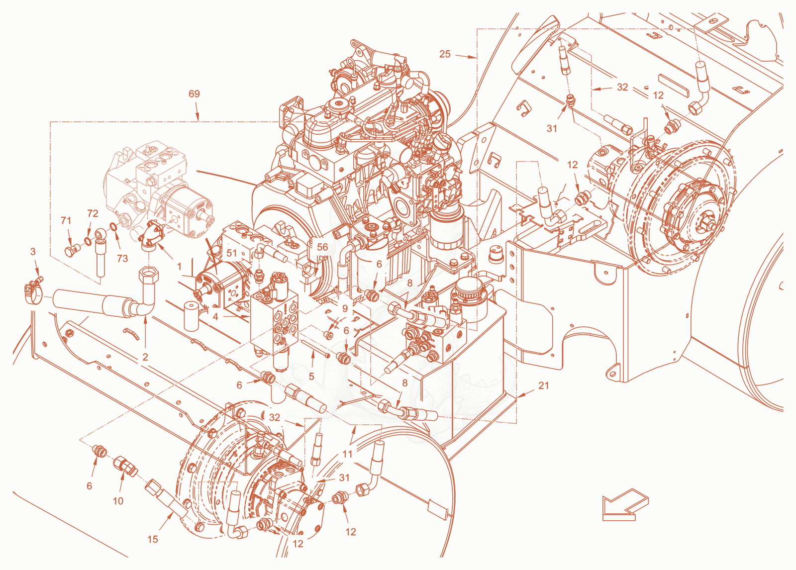 Exploded parts diagram of the vibration drive of a Wacker Neuson RD18-100.3, with numbered balloons