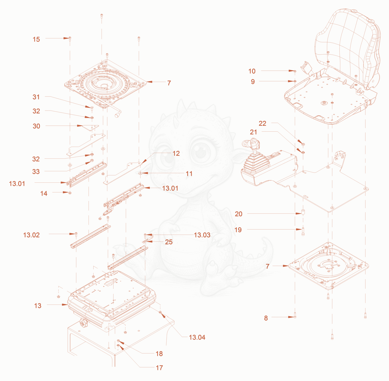 Exploded parts diagram of the operator's seat with adjustmen of a Wacker Neuson RC70PUS, with numbered balloons